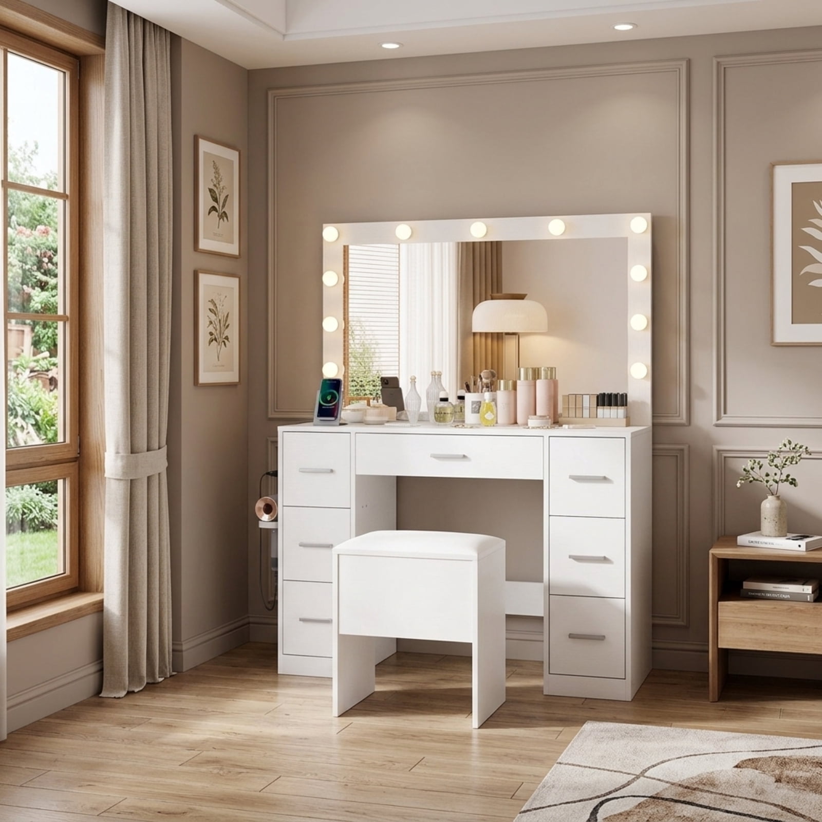 Furnibear 43.5-Inche Vanity Desk with Mirror and Lights for Bedroom for Bedroom Makeup Dressing Room Vanity Desk Mirror Set, White