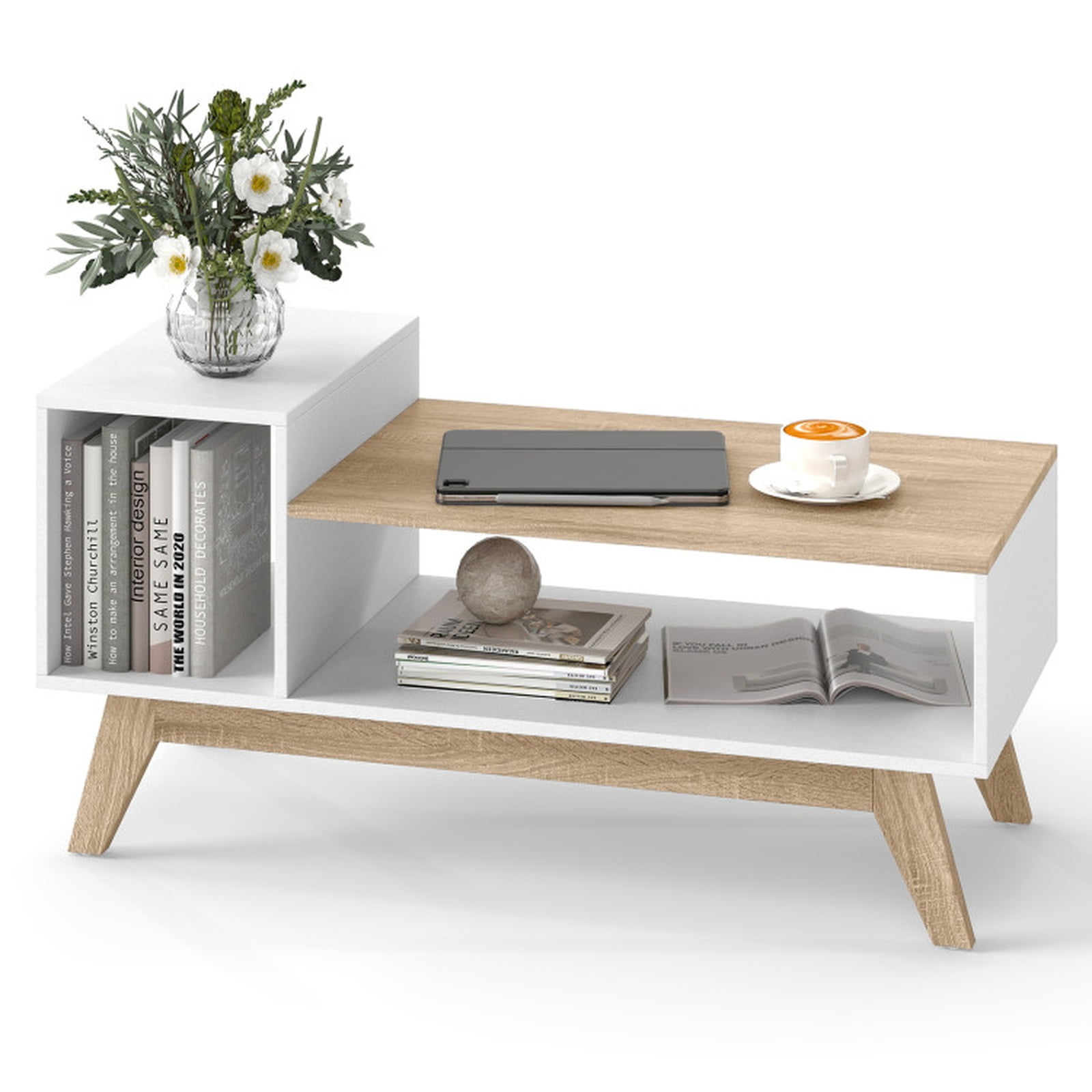 Furnibear 43 Inch Coffee Table with Stepped Tabletop and Storage Compartments - White - Living Room Cocktail Center Table
