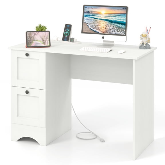 Furnibear 43 Inch Computer Desk Home Office Workstation with Charging Station USB Type C Ports and 2 Drawers for Living Room Study, White