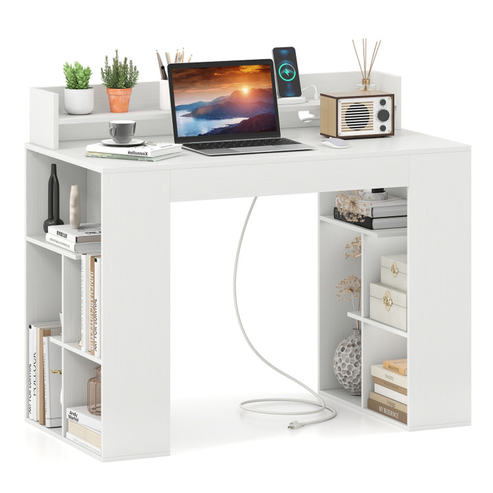 Furnibear 43 Inch Computer Desk with Power Outlets and 2 Bookcases, Home Office Writing Desk with USB Type-C Ports and Monitor Shelf, White