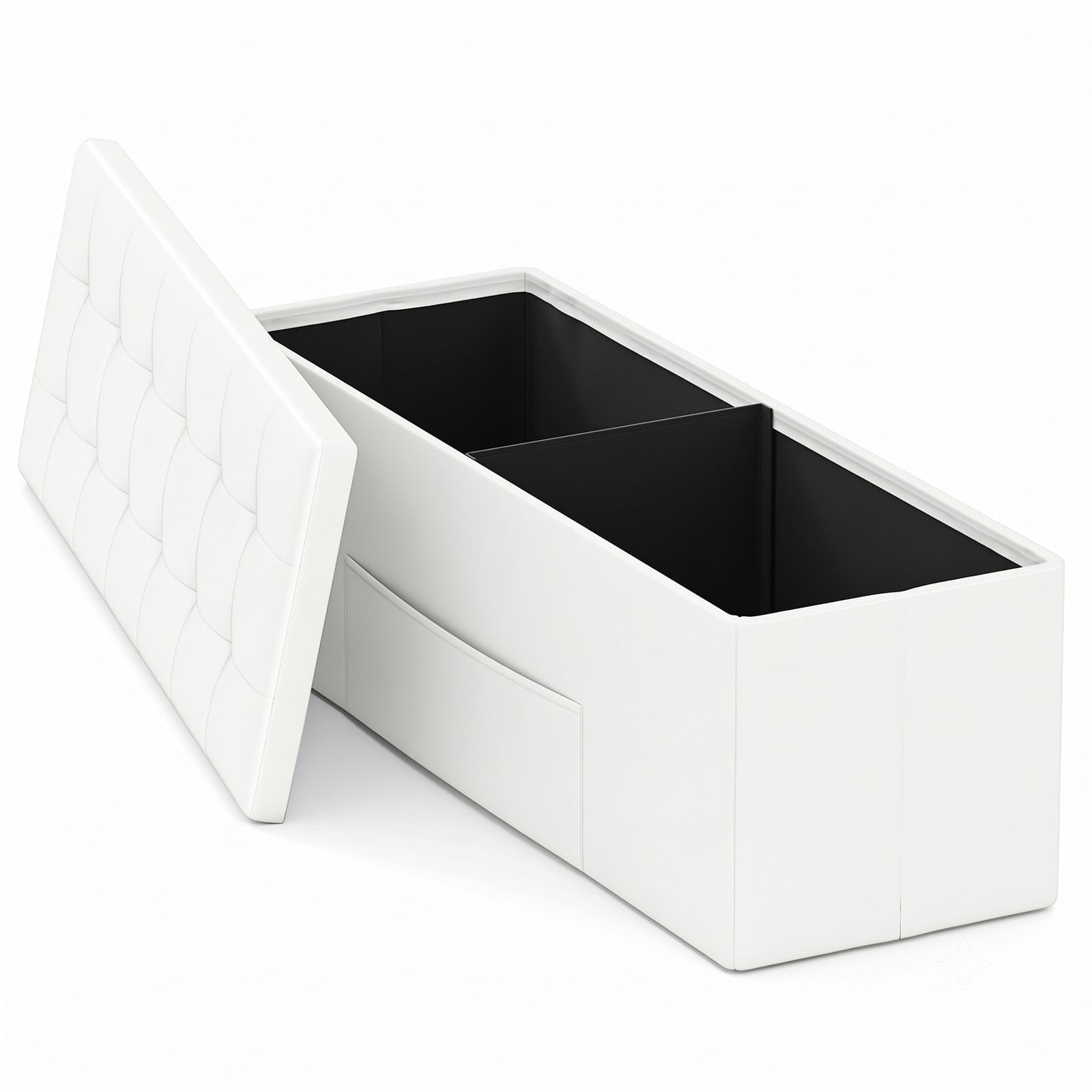 Furnibear 43 Inch Folding PU Leather Storage Ottoman Bench with Divider and Side Pocket for Living Room, Bedroom and Entryway, White