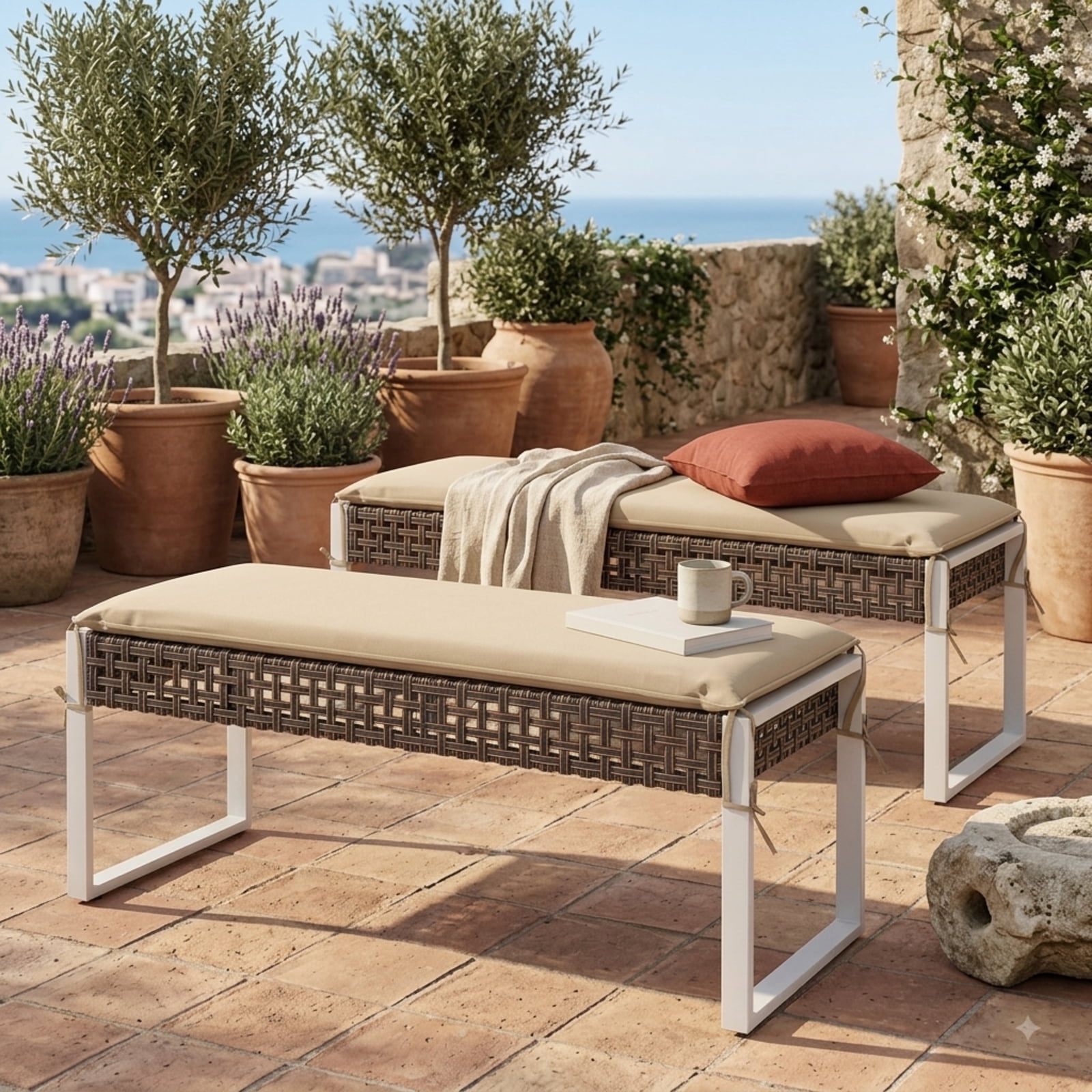 Furnibear 43 Inch Patio Rectangle Ottoman Set of 2, Outdoor PE Rattan Wicker Footrest with Metal Legs & Cushion for Backyard Poolside, 800 LBS, Beige
