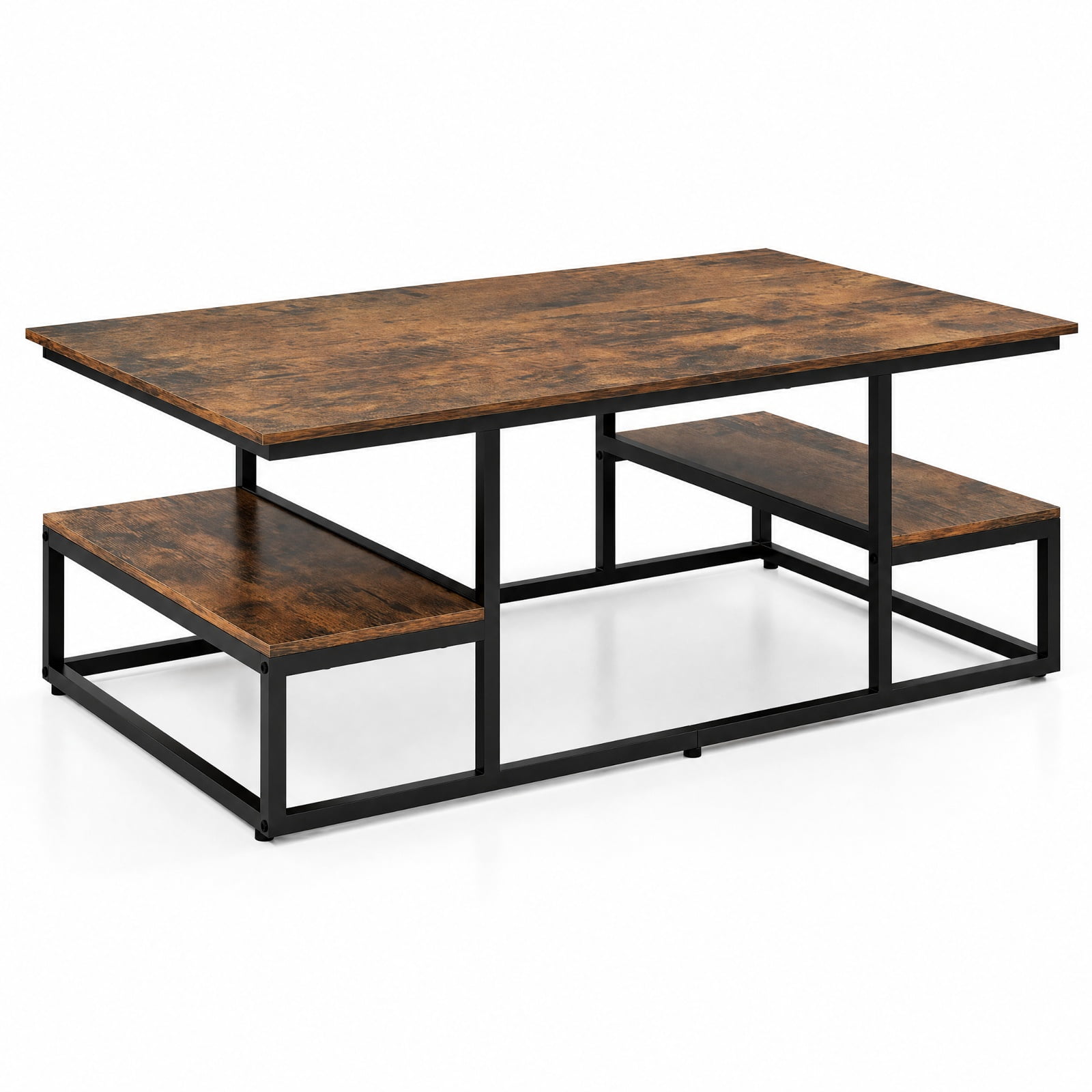 Furnibear 43 Inch Rectangle Coffee Table with Two Open Shelves and Metal Frame a Rustic Wood Living Room Center Table, Rustic Brown