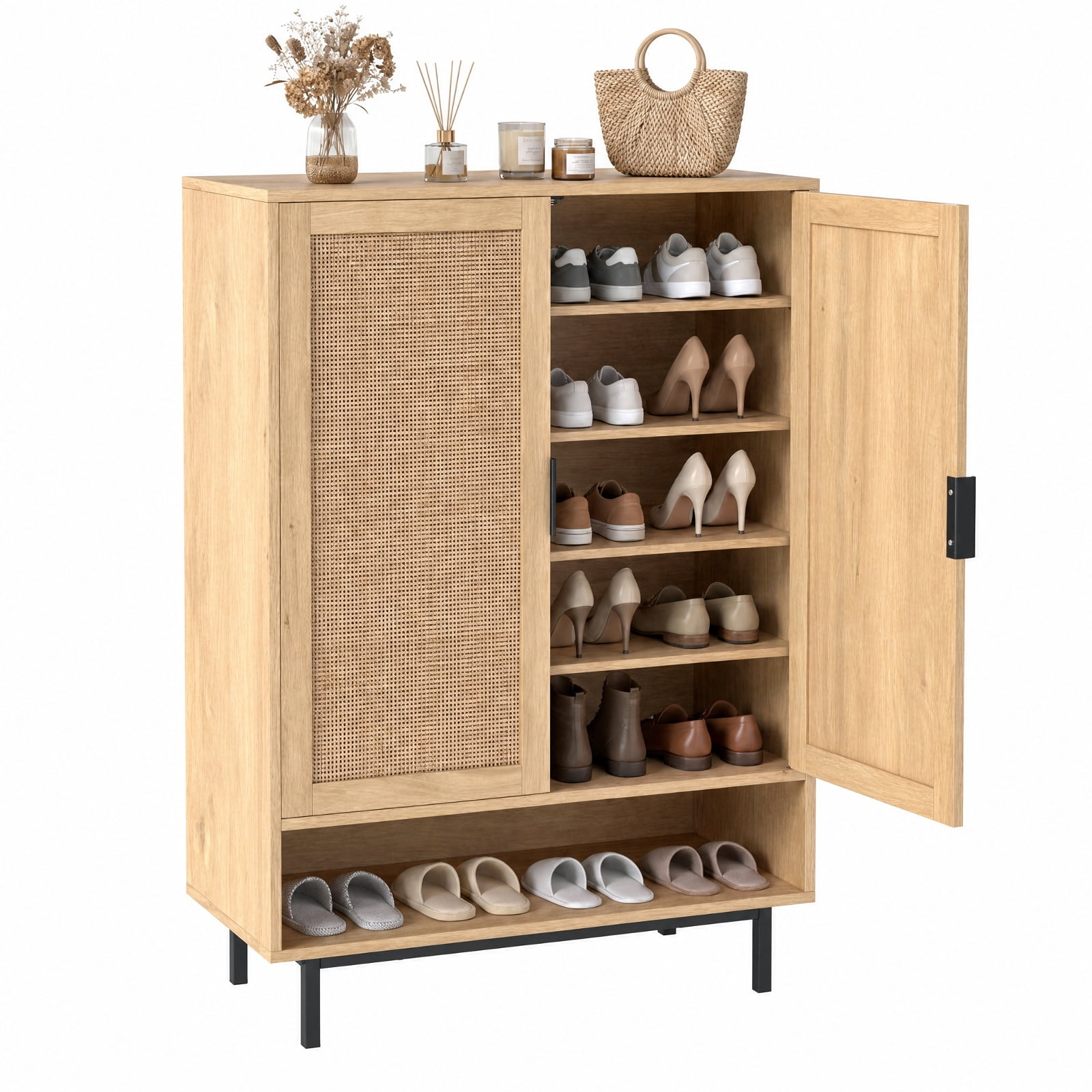 Furnibear 43 Inch Tall 6 Tier Shoe Cabinet with Double Doors and Adjustable Shelves for Entryway Living Room and Closet, Natural