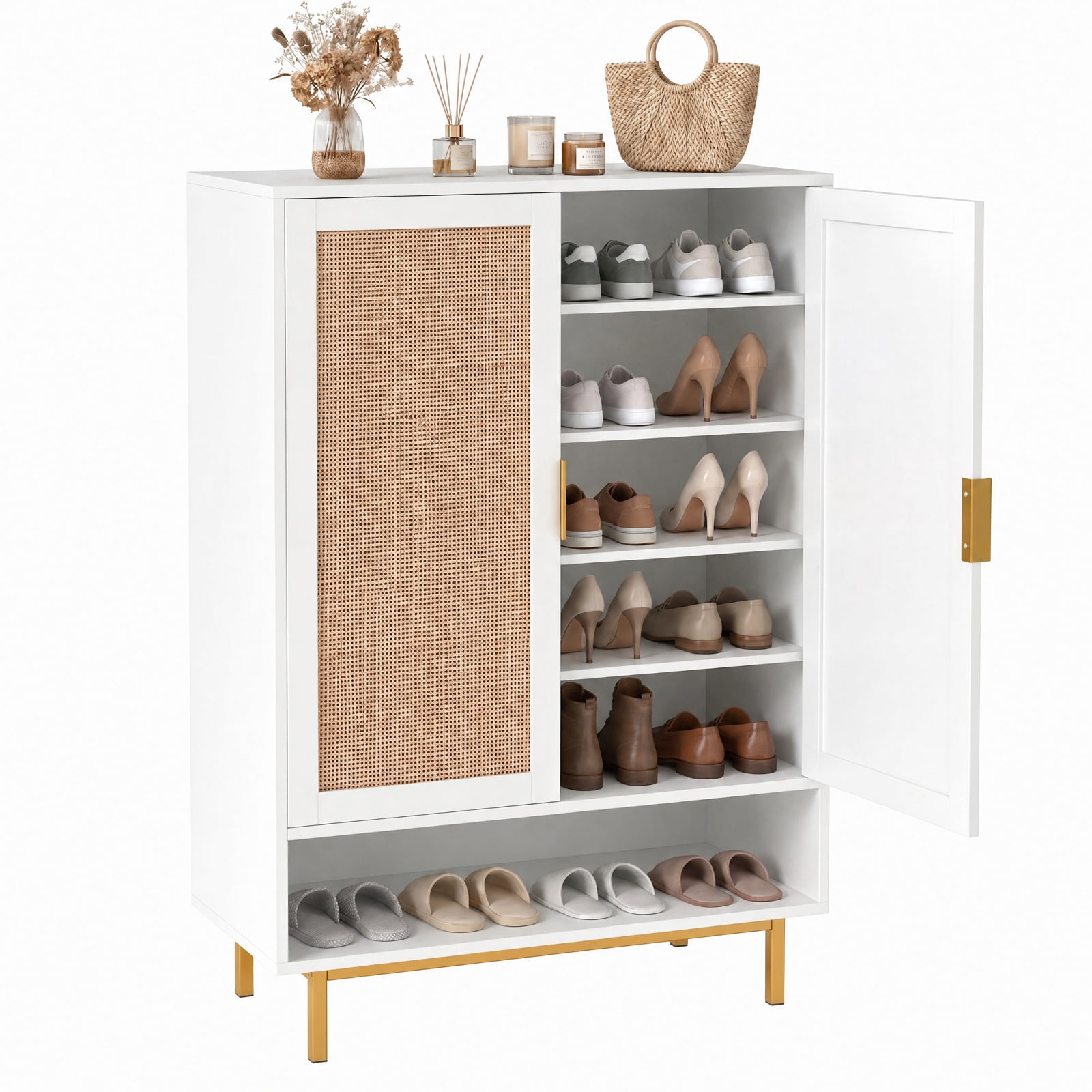Furnibear 43 Inch Tall 6 Tier Shoe Cabinet with Double Doors and Adjustable Shelves for Entryway Living Room and Closet, White