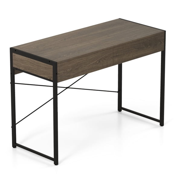 Furnibear 44 Inch Computer Desk with 2 Drawers Home Office Writing Desk Metal Frame X Bracket Engineered Wood Top 200 lbs Capacity Oak