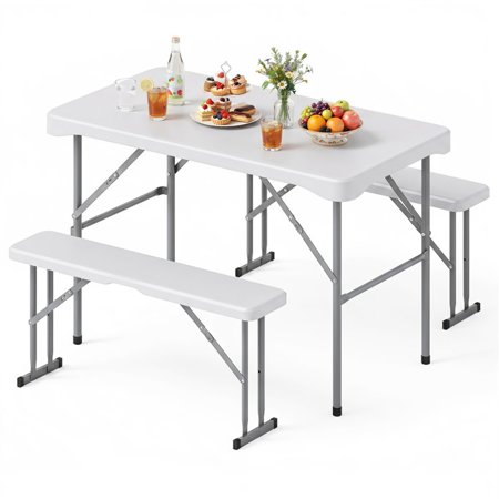 Furnibear 44 Inch HDPE Folding Picnic Table Set with 2 Tuck Under Benches and Metal Frame for Camping Backyard Patio Outdoor Seating, White