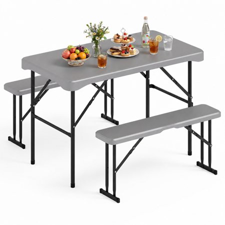 Furnibear 44 Inch HDPE Folding Picnic Table Set with 2 Tuck Under Benches and Metal Frame for Camping Patio Backyard Outdoor Seating, Gray