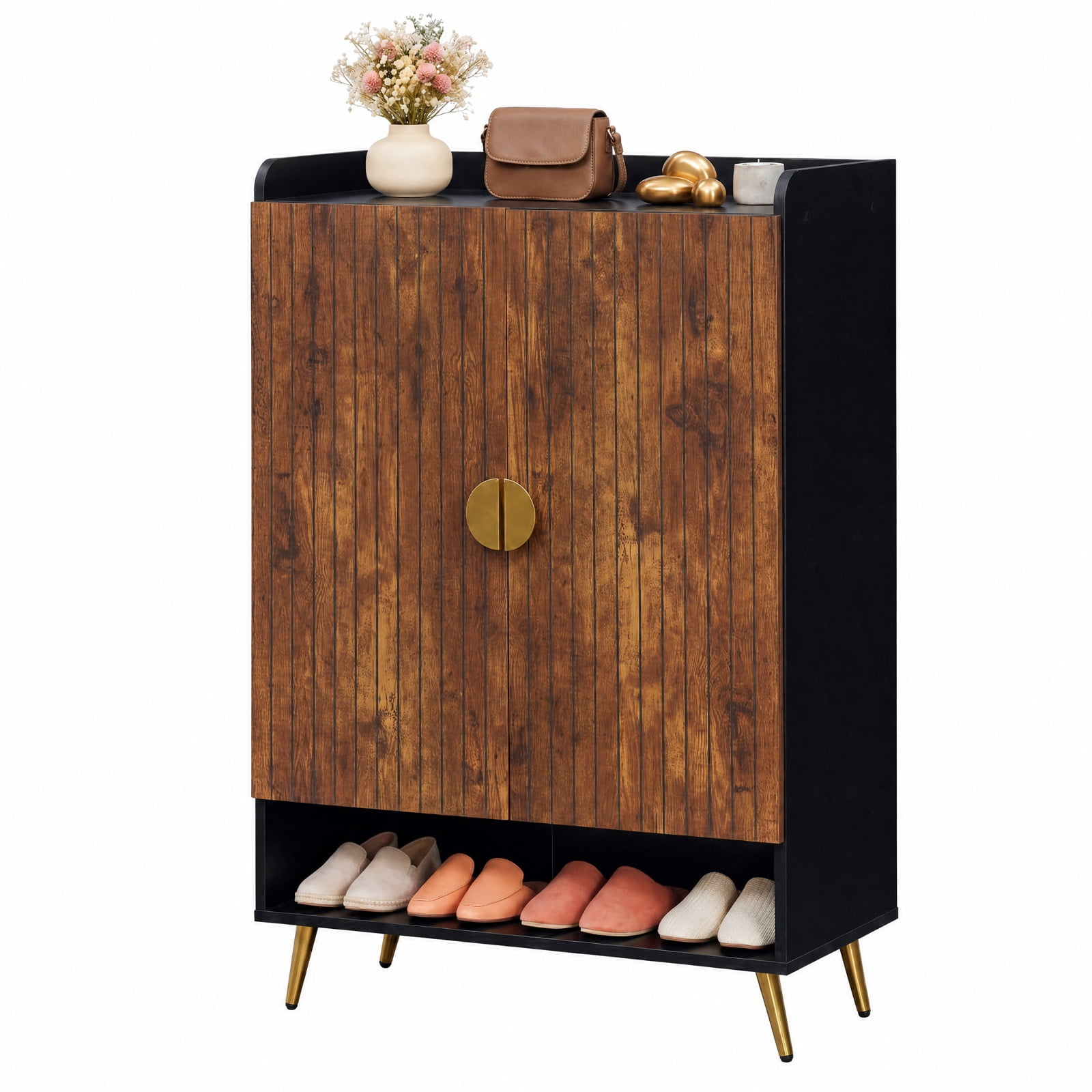 Furnibear 44 Inch Tall Shoe Storage Cabinet with 7 Tier Doors and Adjustable Shelves for Entryway Closet Hallway, Rustic Brown