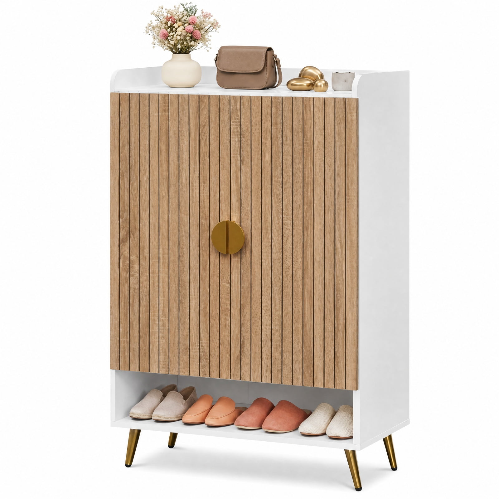 Furnibear 44 Inch Tall Shoe Storage Cabinet with 7 Tier Doors and Adjustable Shelves for Entryway Hallway Closet, Natural