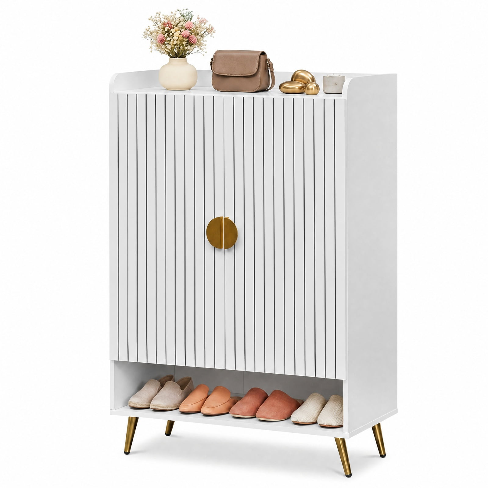 Furnibear 44 Inch Tall Shoe Storage Cabinet with 7 Tier Doors and Adjustable Shelves for Entryway Hallway Living Room, White