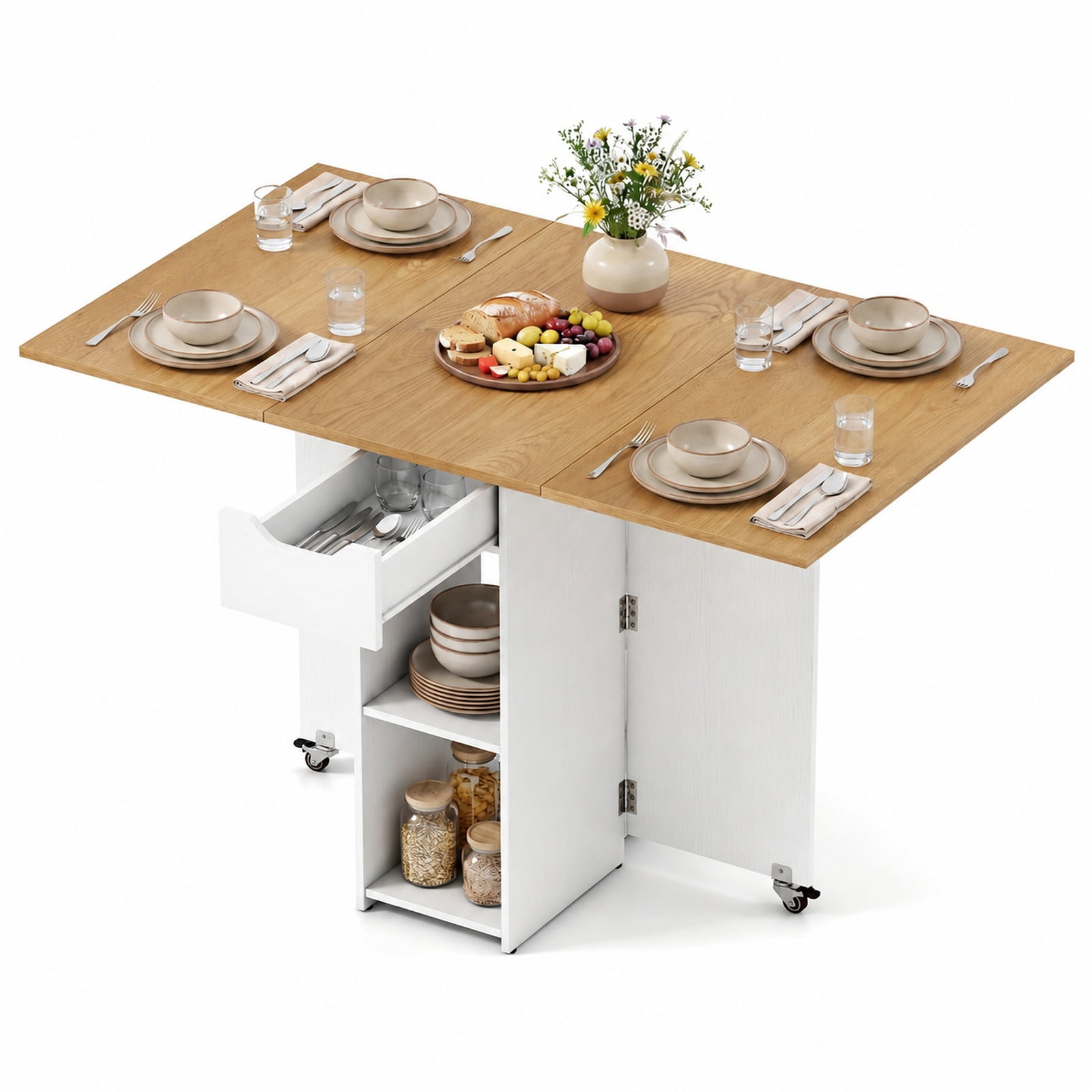 Furnibear 47.5 Inch Farmhouse Extendable Drop Leaf Dining Table with Drawer Shelves and Lockable Wheels for Small Kitchens, Natural