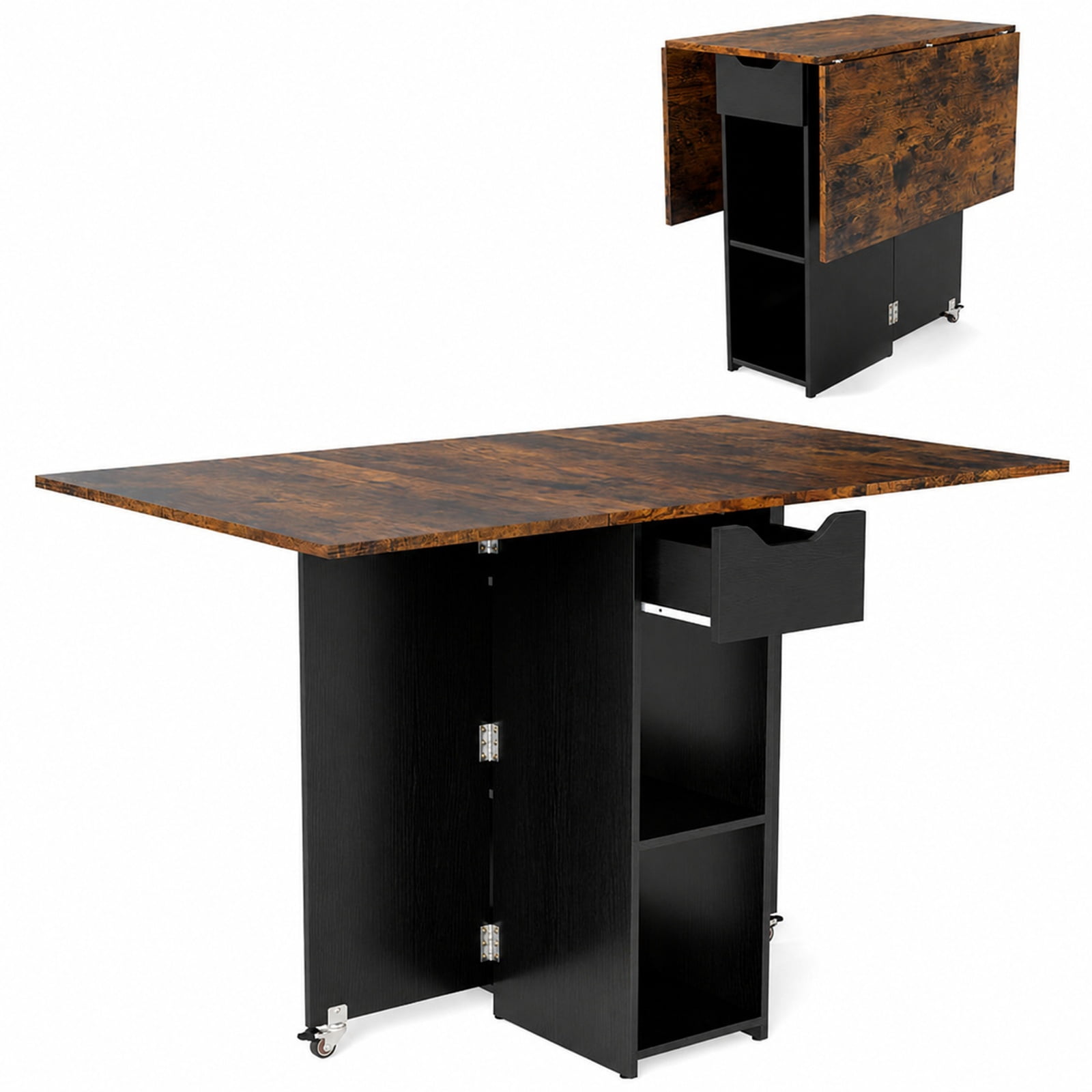 Furnibear 47.5 Inch Farmhouse Extendable Drop Leaf Dining Table with Drawer Two Shelves and Lockable Wheels for Kitchen, Rustic Brown
