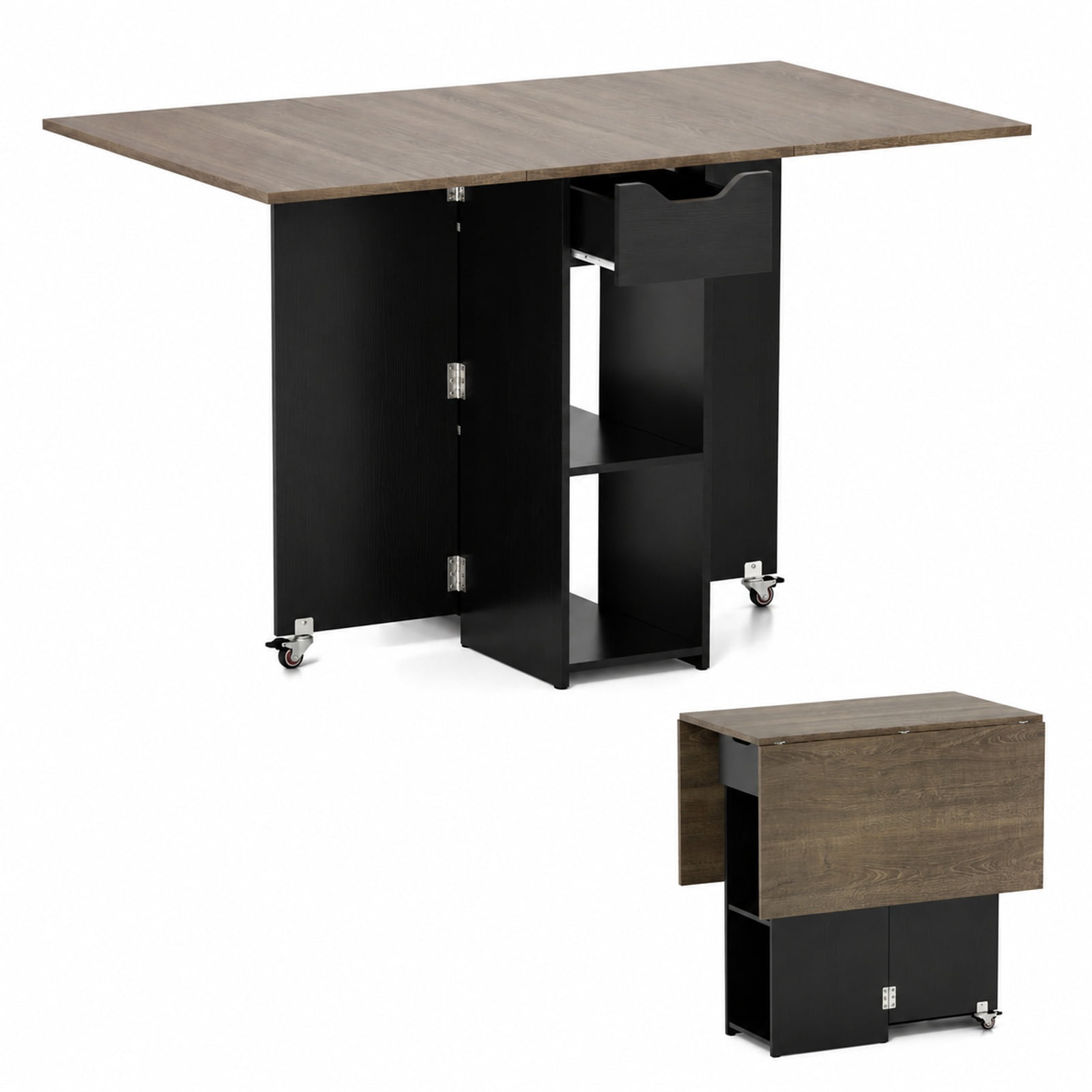 Furnibear 47.5 Inch Farmhouse Extendable Drop Leaf Dining Table with Storage Drawer Shelves and Lockable Wheels for Small Spaces, Rustic Brown