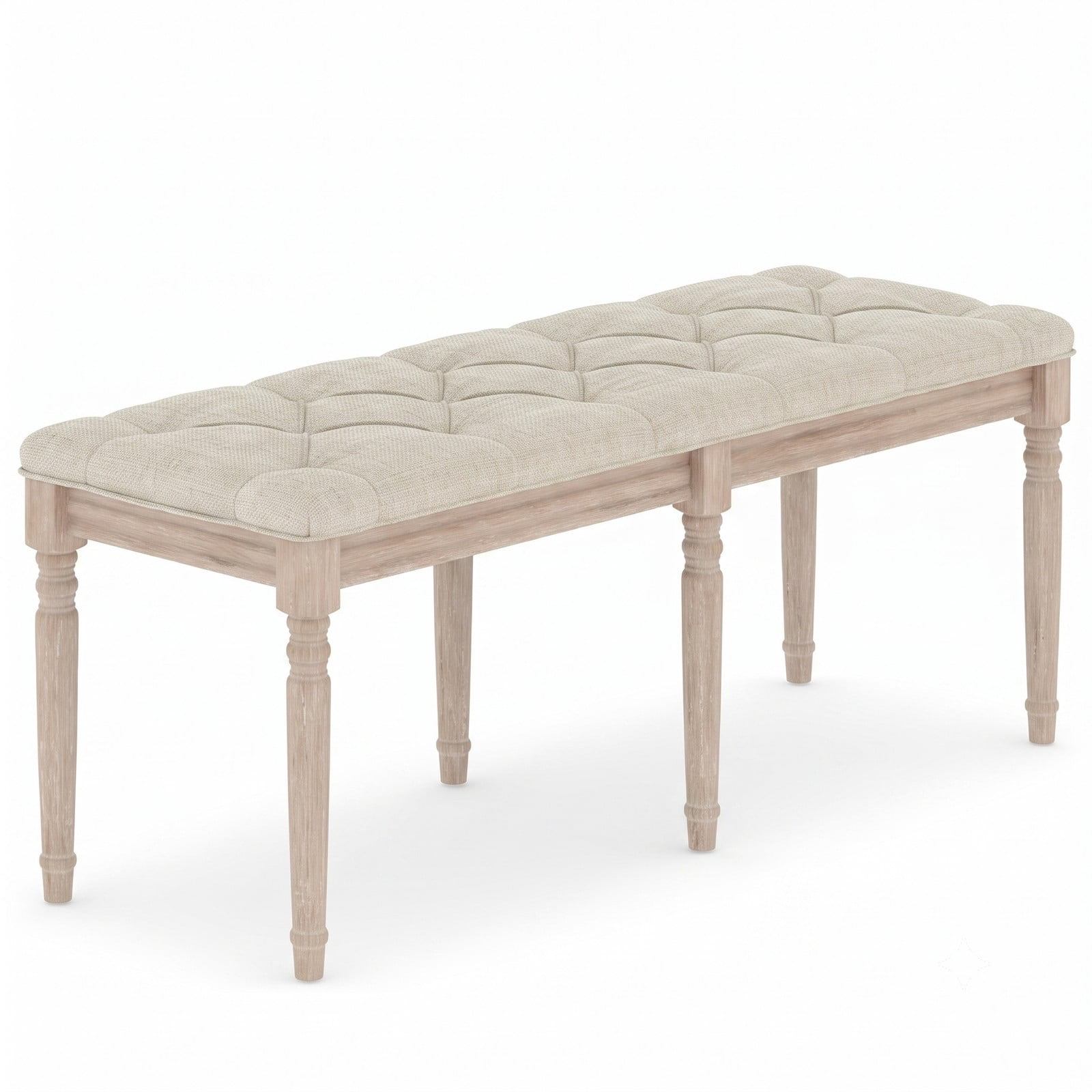 Furnibear 47.5 Inch Upholstered Bench with Button Tufted Padded Linen Seat and Carved Rubber Wood Legs for Bedroom, Beige
