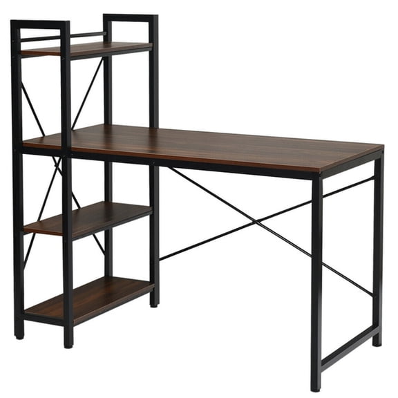 Furnibear 47.5 Inch Writing Study Computer Desk with 4 Tier Open Bookshelves X Shape Iron Frame Water Resistant P2 MDF Tan