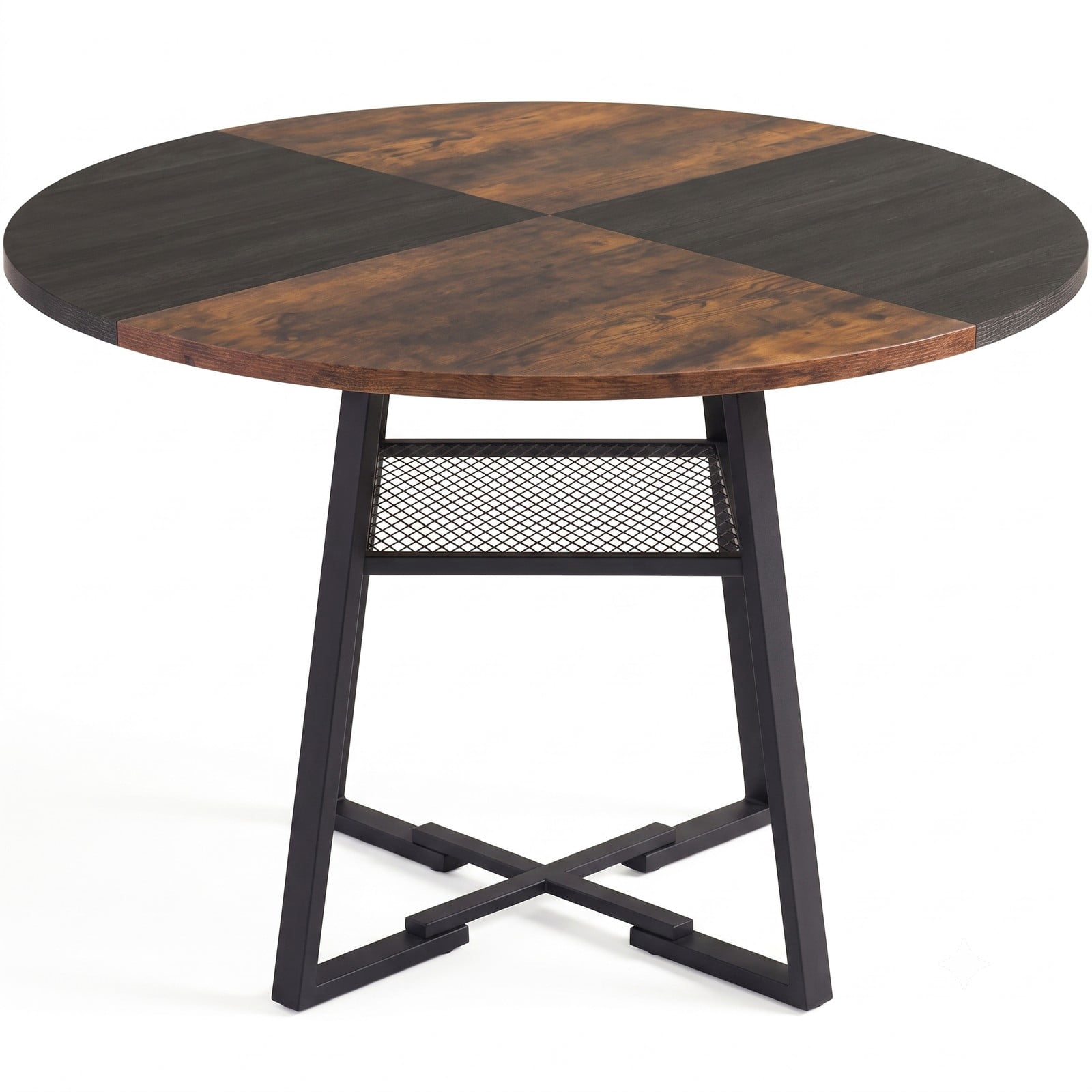 Furnibear 47.5" Round Dining Table for 4-6 with Storage Shelf, Metal Legs and Rubber Wood Frame, Farmhouse Kitchen Dinette Table with Mesh Shelf for Home, Rustic Brown