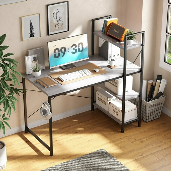 Furnibear 47" L-Shape Computer Desk, Wood Computer Desk with Reversible Shelves, Study Writing Table with Hooks, Office Desk Workstation for Home Office