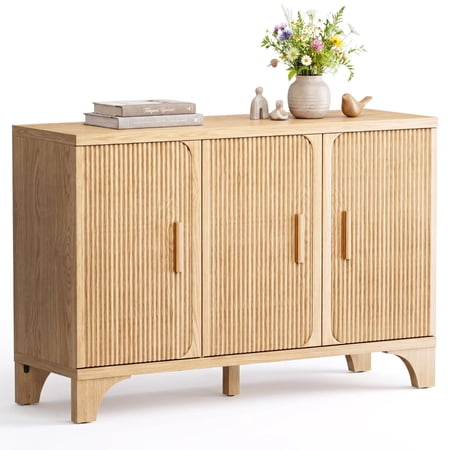 Furnibear 47" Fluted Buffet Cabinet with Storage Accent Sideboard, Modern Credenza with 3 Doors, Wood Coffee Bar Table Console for Dining Room Kitchen Living Room Entryway, Natural Oak