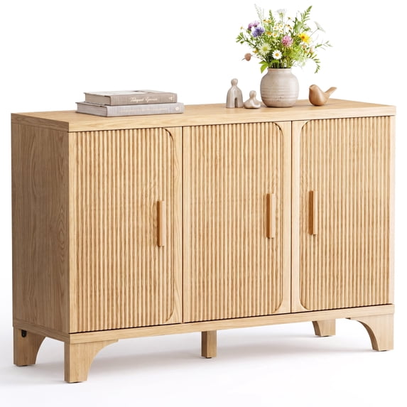 Furnibear 47" Fluted Buffet Cabinet with Storage Accent Sideboard, Modern Credenza with 3 Doors, Wood Coffee Bar Table Console for Dining Room Kitchen Living Room Entryway, Natural Oak