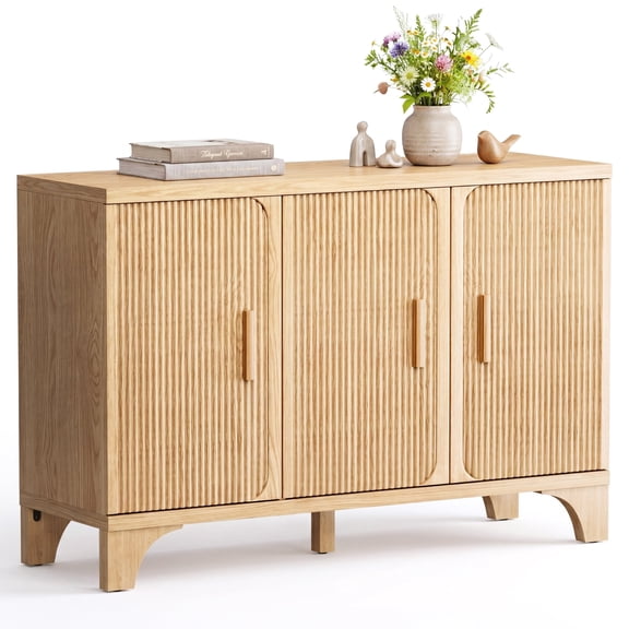Furnibear 47" Fluted Buffet Cabinet with Storage Accent Sideboard, Modern Credenza with 3 Doors, Wood Coffee Bar Table Console for Dining Room Kitchen Living Room Entryway, Natural Oak