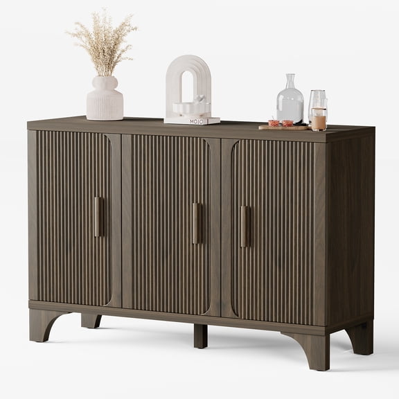Furnibear 47" Fluted Buffet Cabinet with Storage Accent Sideboard,Modern Credenza with 3 Doors,Wood Coffee Bar Table Console for Dining Room Kitchen Living Room Entryway,Walnut Brown