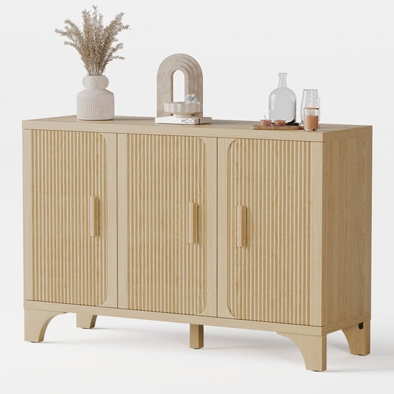 Furnibear 47" Fluted Buffet Cabinet with Storage Accent Sideboard,Modern Credenza with 3 Doors,Wood Coffee Bar Table Console for Dining Room Kitchen Living Room Entryway,Natural Oak