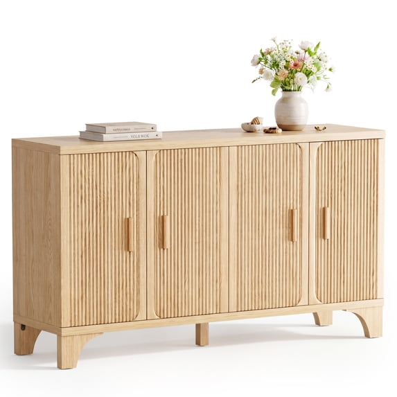 Furnibear 55" Fluted Buffet Cabinet with Storage Accent Sideboard,Modern Credenza with 4 Doors,Wood Coffee Bar Table Console for Dining Room Kitchen Living Room Entryway,Natural Oak