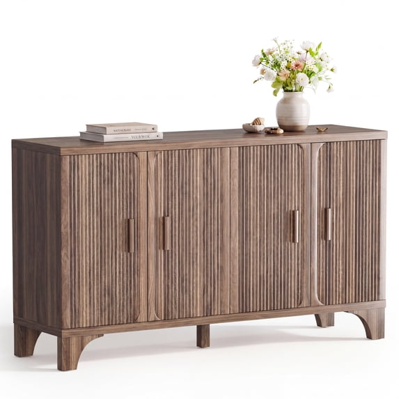 Furnibear 55" Fluted Buffet Cabinet with Storage Accent Sideboard,Modern Credenza with 4 Doors,Wood Coffee Bar Table Console for Dining Room Kitchen Living Room Entryway,Walnut Brown