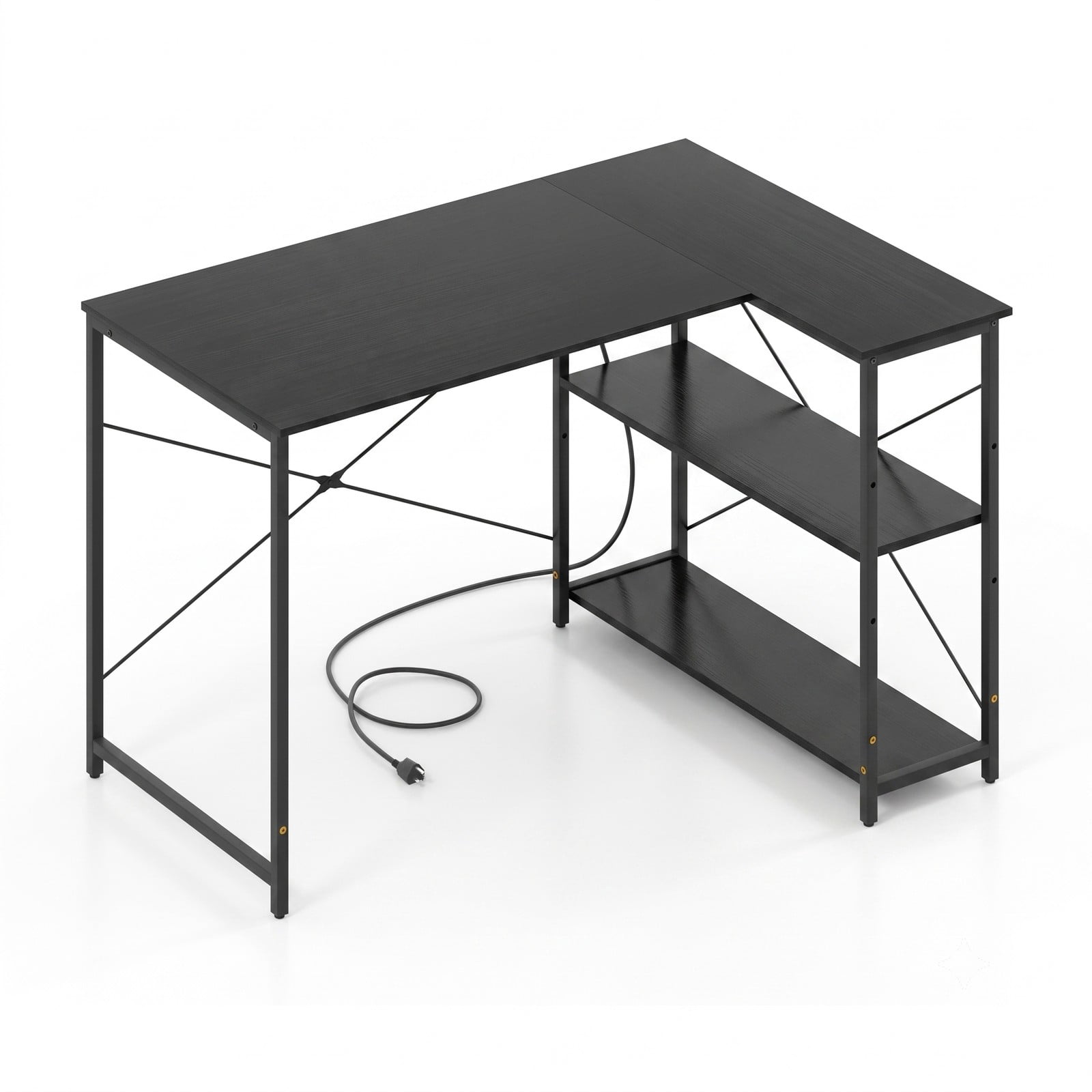 Furnibear L Shaped Desk with Charging Station and Adjustable Shelves, 47 Inch Reversible Corner Computer Desk for Home Office, Black
