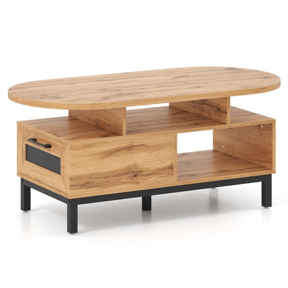 Furnibear 47 Inch Oval Coffee Table with Storage and Open Compartments for Living Room - Natural - Living Room Cocktail Center Table
