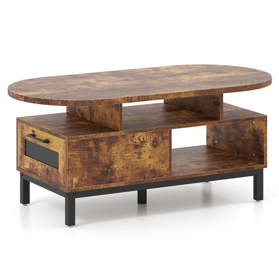 Furnibear 47 Inch Oval Coffee Table with Storage and Open Compartments for Living Room, Rustic Brown
