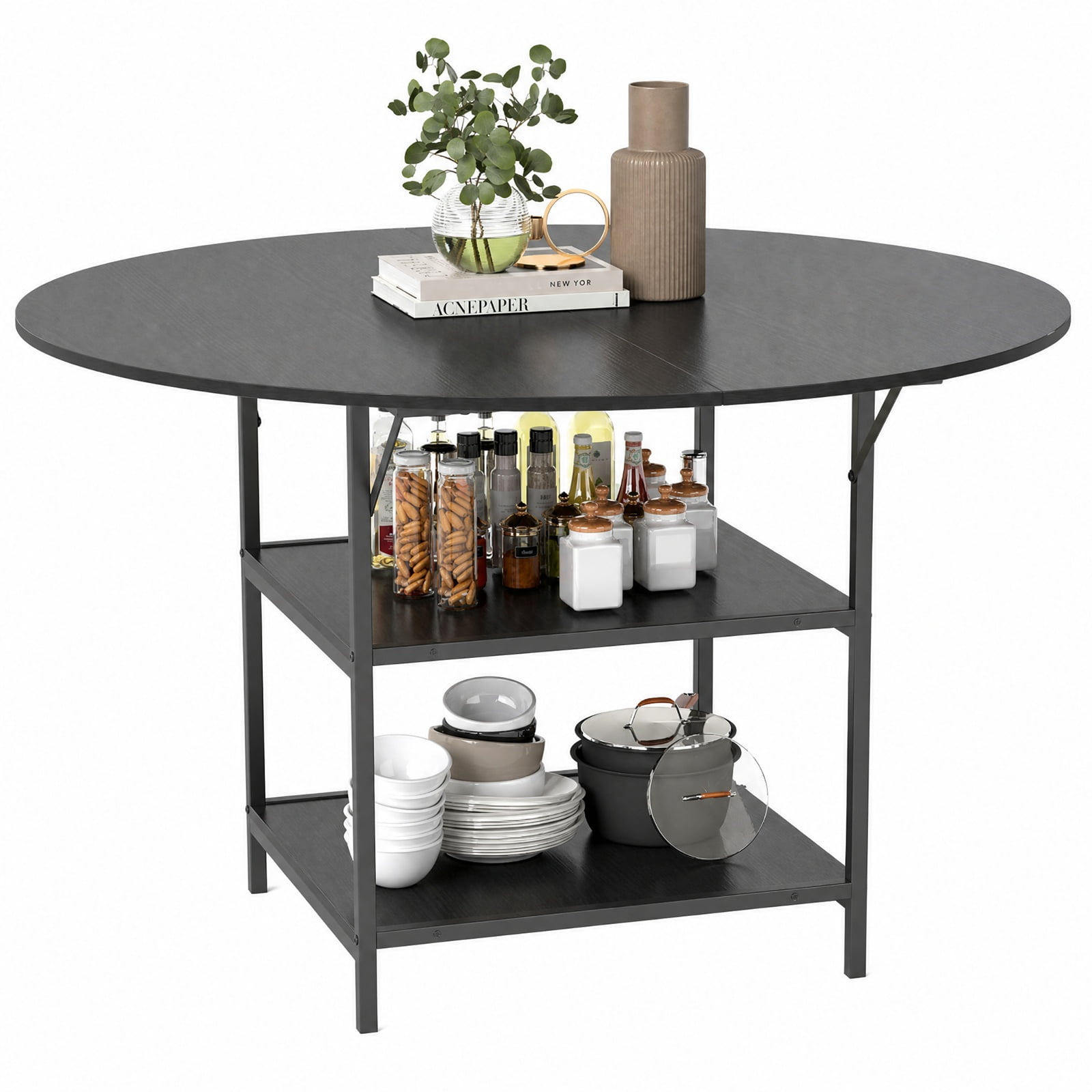 Furnibear 47 Inch Round Dining Table for 4 to 6 with 2 Tier Storage Shelves and Sturdy Metal Frame for Kitchen and Apartment, Black