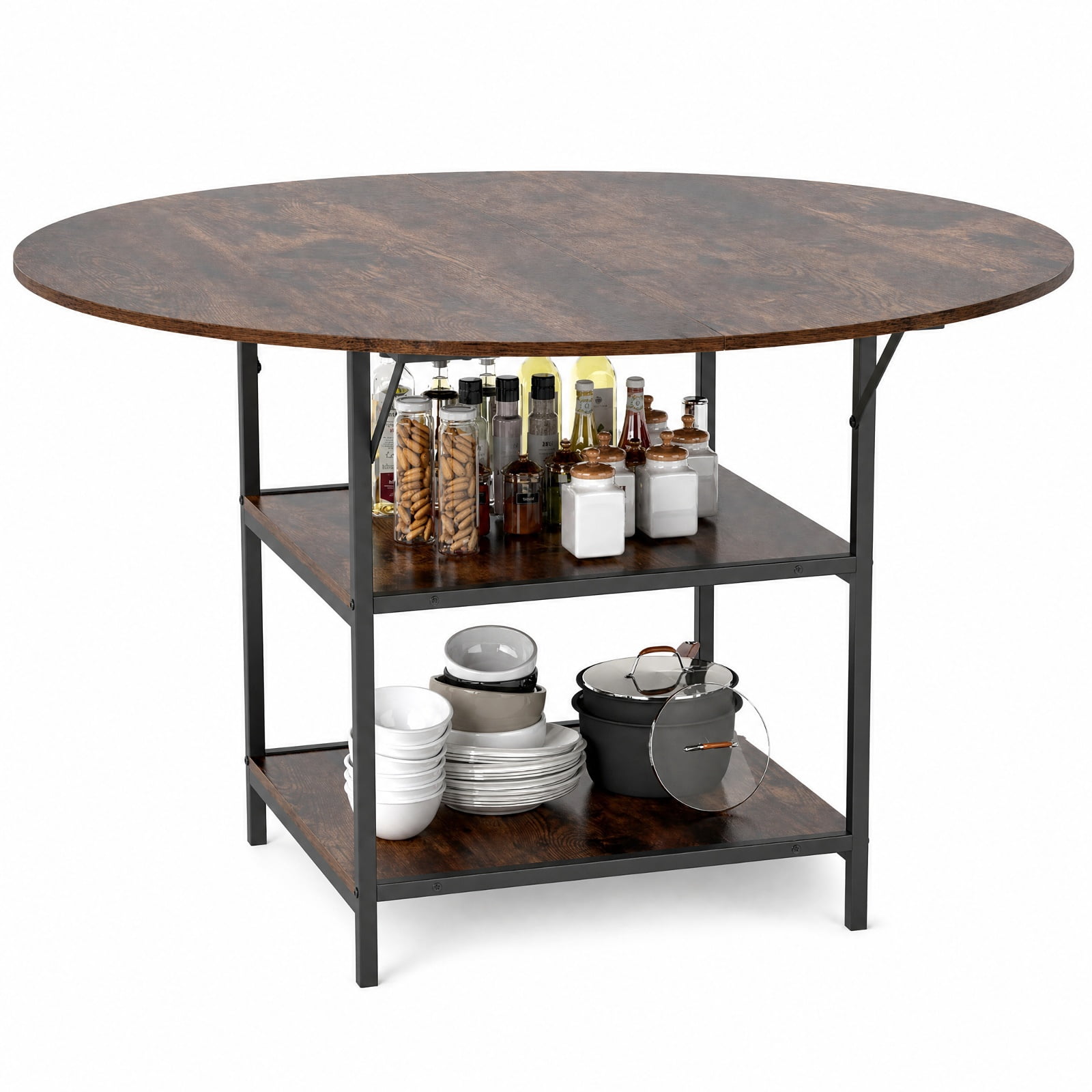 Furnibear 47 Inch Round Dining Table for 4 to 6 with 2 Tier Storage Shelves and Sturdy Metal Frame for Kitchen and Apartment, Rustic Brown