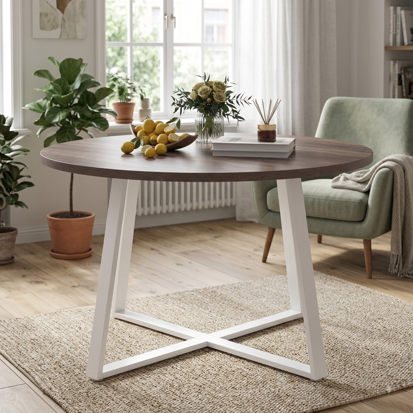 Furnibear 47 Inch Round Dining Table with Stable X Shaped Base and Thickened Top