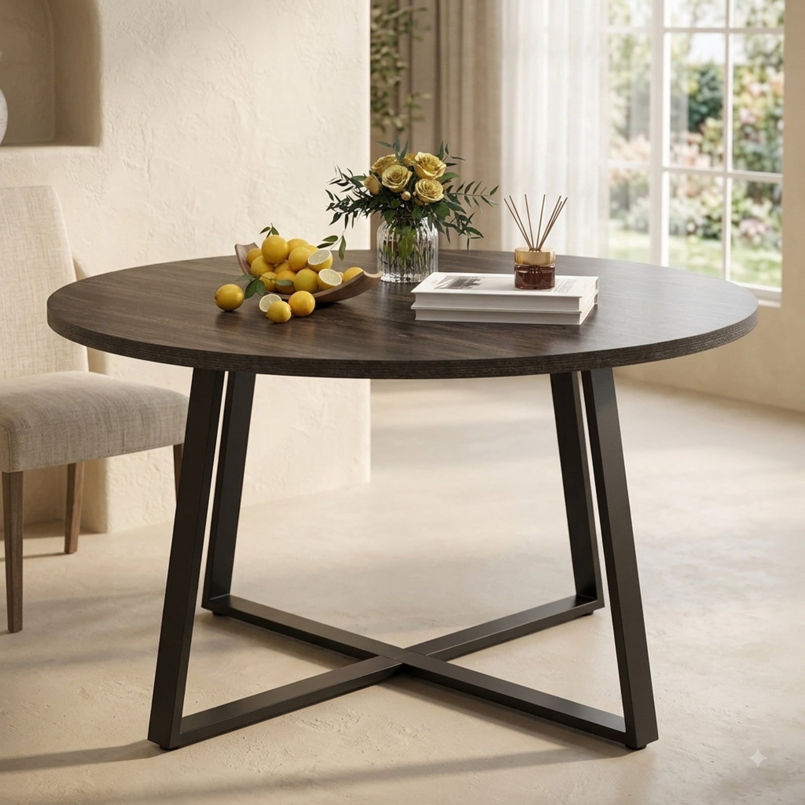 Furnibear 47 Inch Round Dining Table with Stable X Shaped Base and Thickened Top