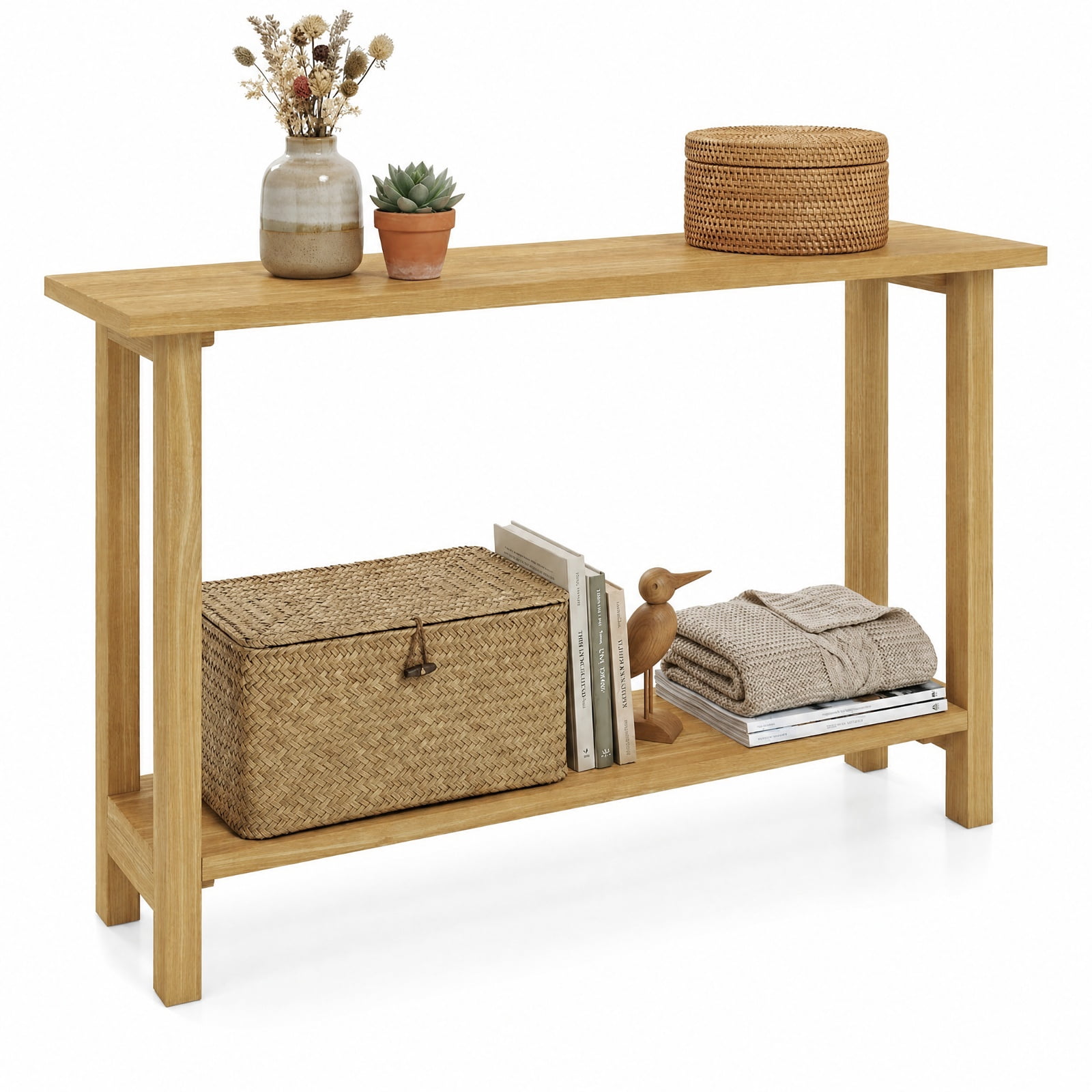 Furnibear 47 Inch Solid Teak Wood Console Table with Storage Shelf Farmhouse Sofa Table for Entryway Hallway Living Room, Natural