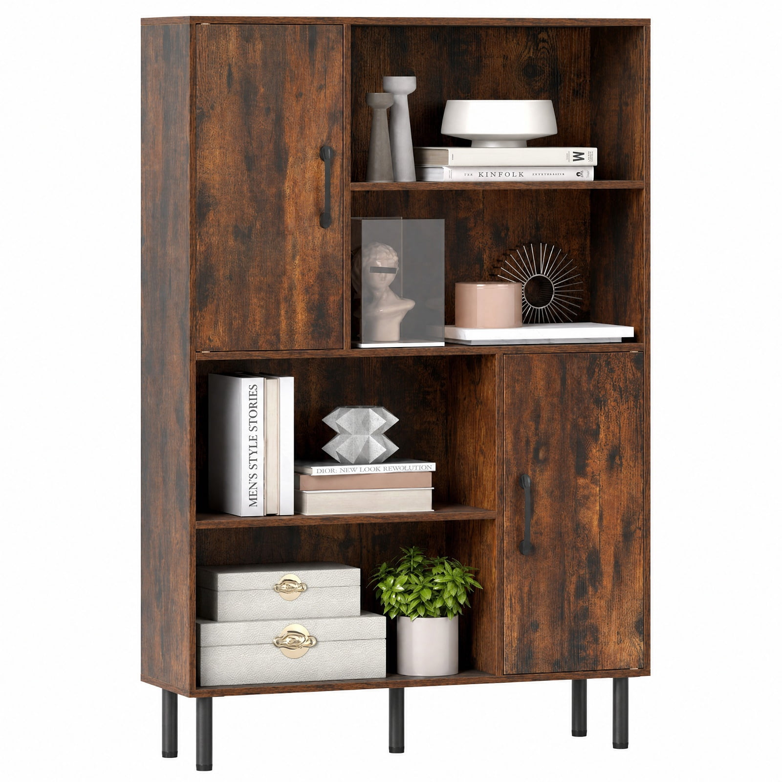 Furnibear 47 Inch Storage Cabinet Freestanding Bookcase with 2 Doors and 4 Open Shelves for Living Room Home Office Bedroom Display, Rustic Brown