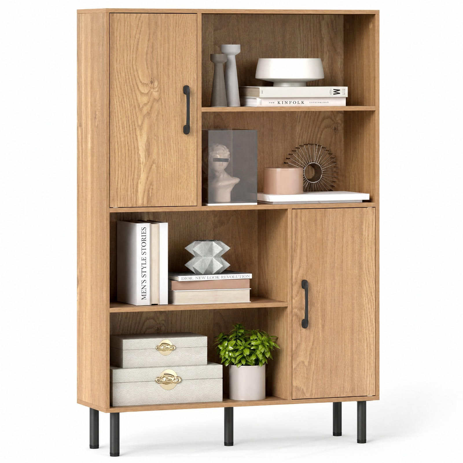 Furnibear 47 Inch Storage Cabinet Freestanding Bookcase with 2 Doors and 4 Open Shelves for Living Room Home Office Bedroom Display Storage, Natural