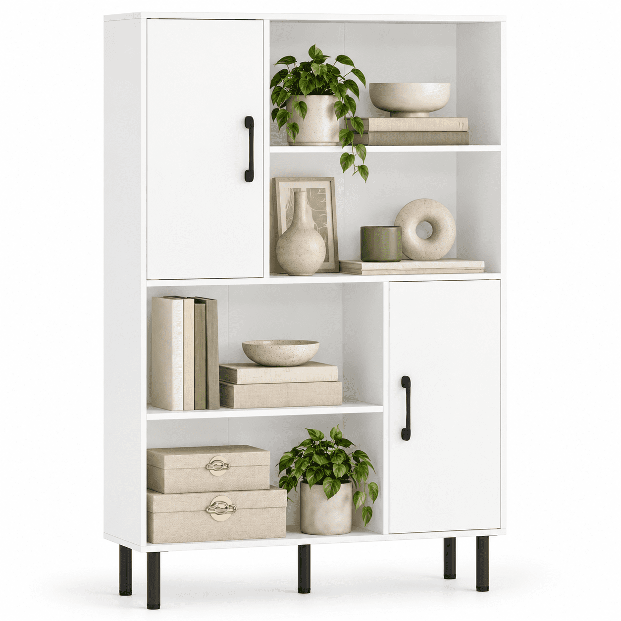 Furnibear 47 Inch Storage Cabinet Freestanding Bookcase Bookshelf with 2 Doors and 4 Open Shelves for Living Room Home Office Bedroom Kitchen Display Storage, White
