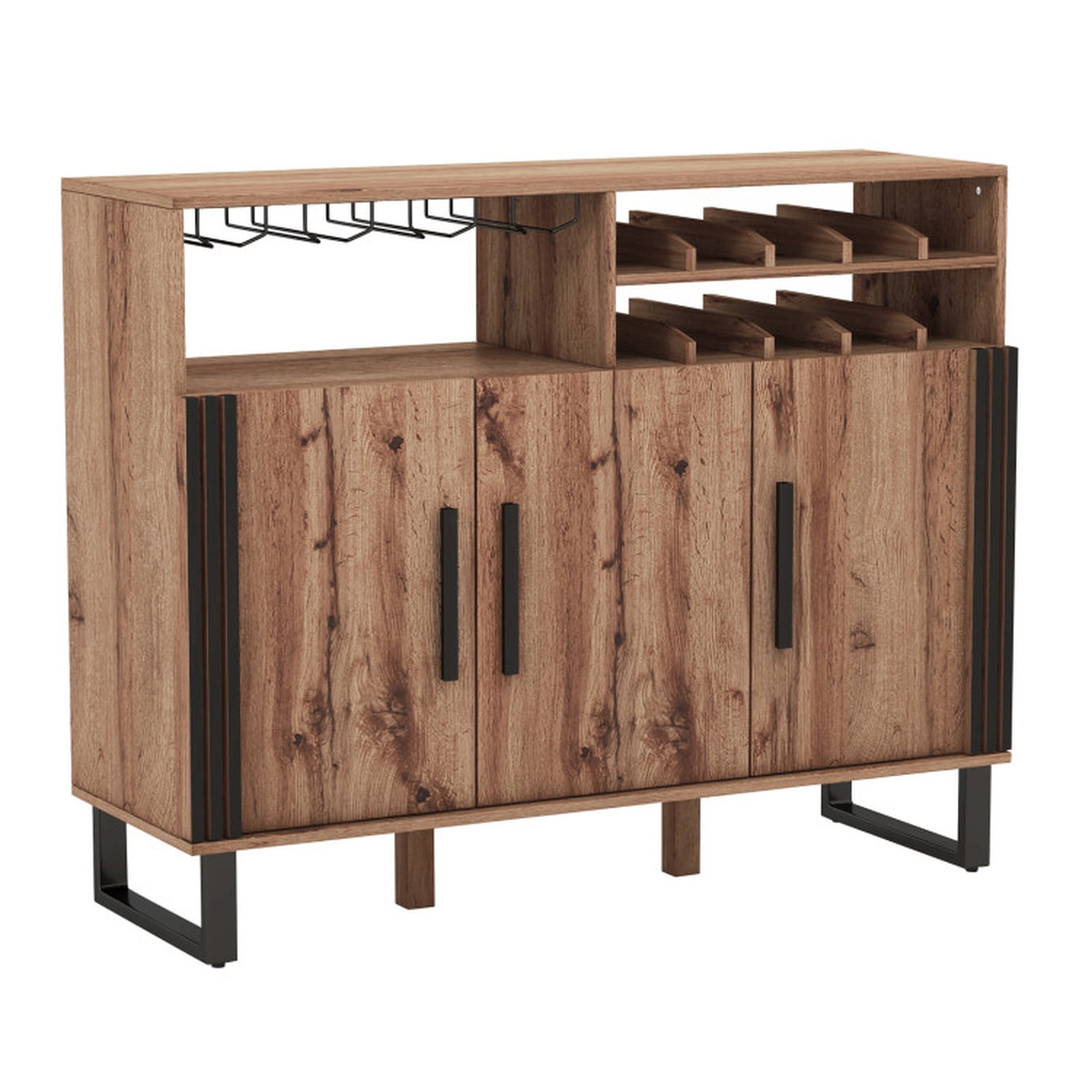 Furnibear 47" Wine Bar Cabinet with Wine Rack and Storage with Adjustable Shelves for Kitchen Pantry - Brown