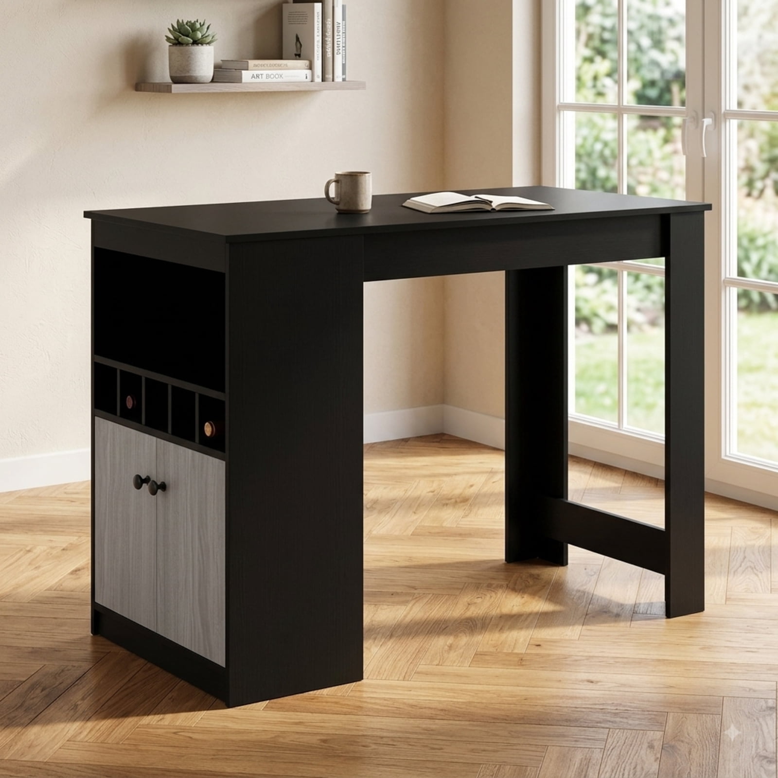 Furnibear 48 Inch Bar Table with Storage Cabinet and Wine Rack for Kitchen Dining Bar Bistro Pub Home Counter Height, Black