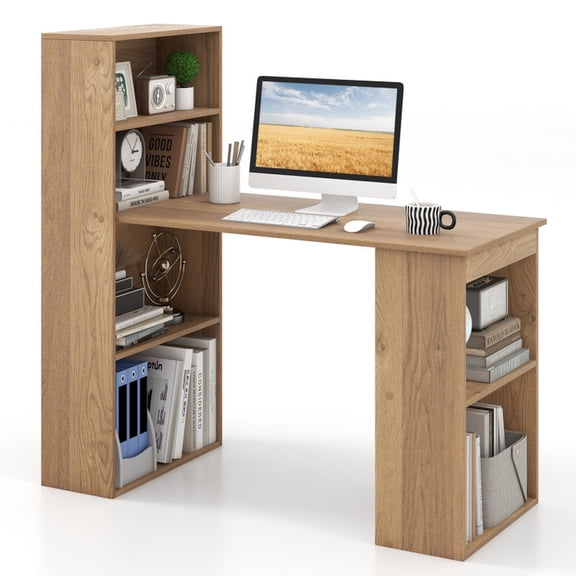 Furnibear 48 Inch Computer Desk with 4 Tier Bookcase and CPU Stand, Natural