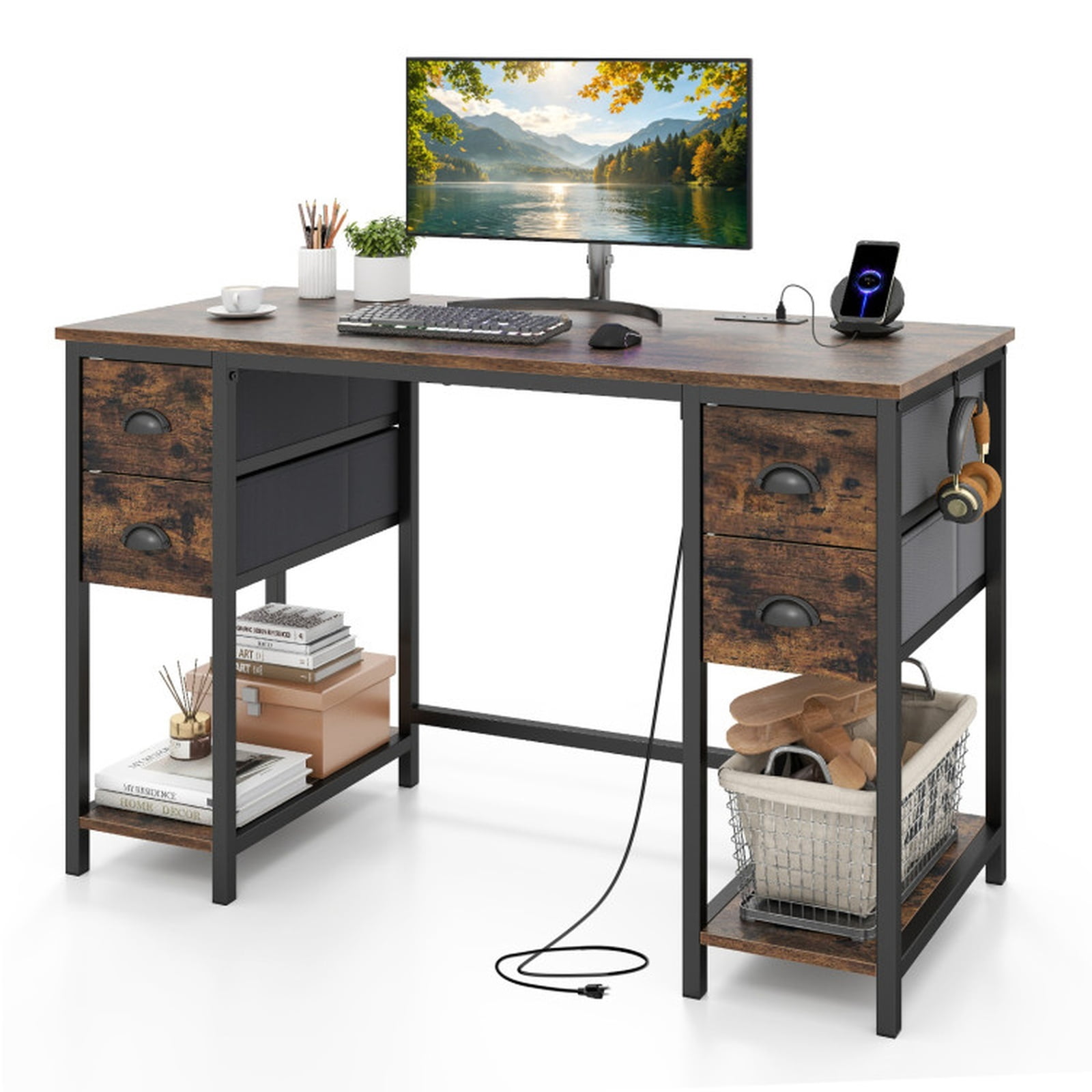 Furnibear 48 Inch Computer Desk with Power Outlet and 4 Fabric Drawers, Home Office Desk with Headphone Hook and Metal Frame for Study, Brown