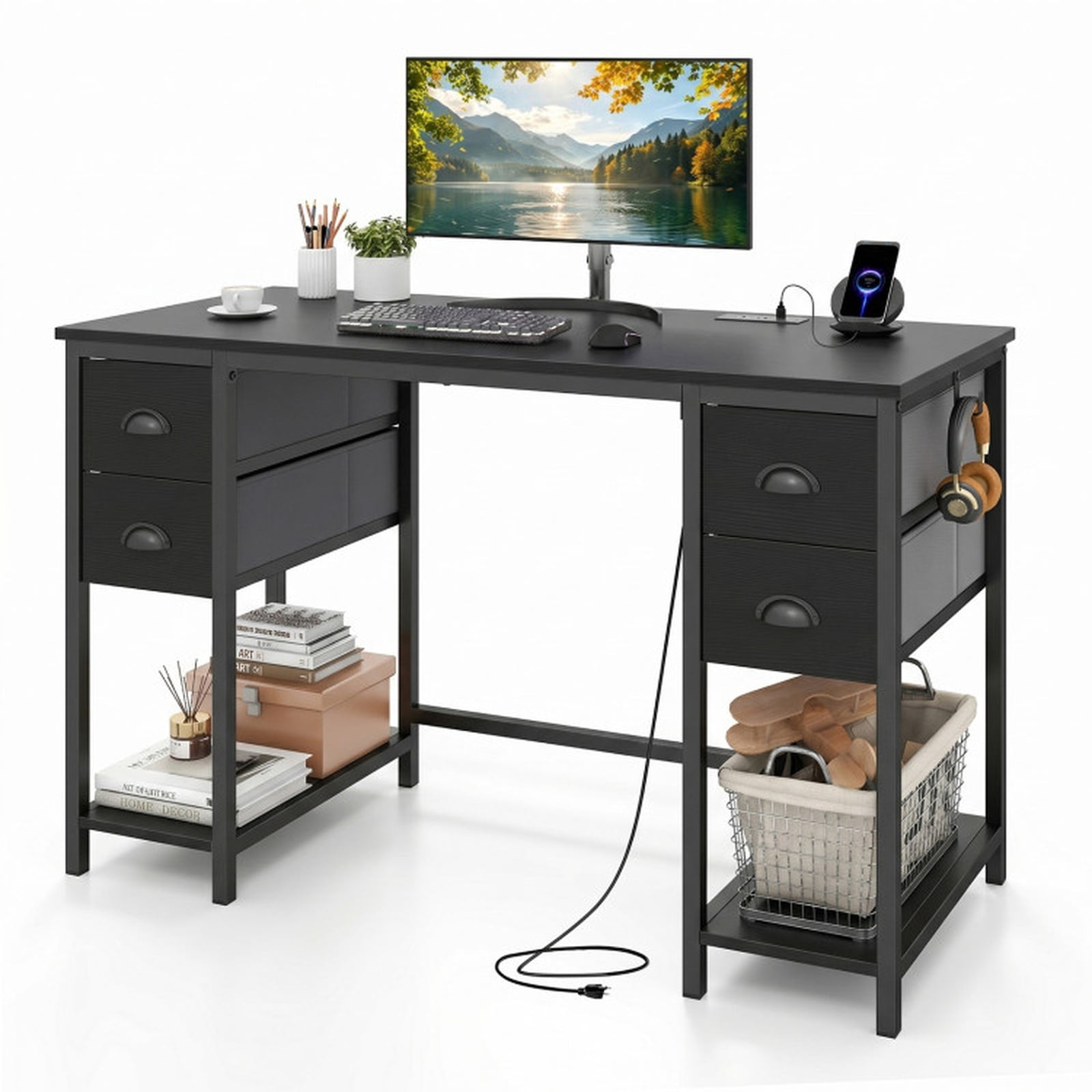 Furnibear 48 Inch Computer Desk with Power Outlet, Home Office Desk with 4 Fabric Drawers and Storage Shelves for Study, Black