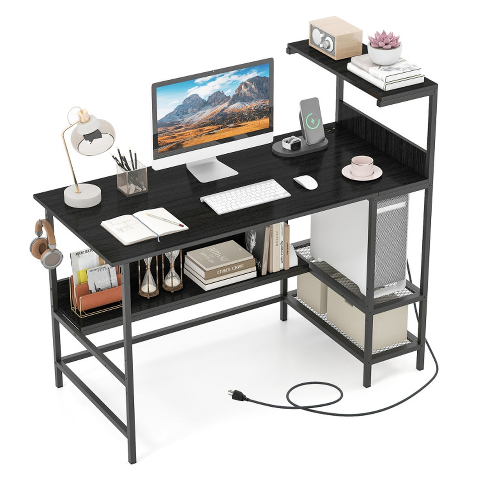 Furnibear 48 Inch Computer Desk with Power Outlets and Storage Shelves, Home Office Writing Desk with USB Type-C Ports and Mesh Shelves, Black