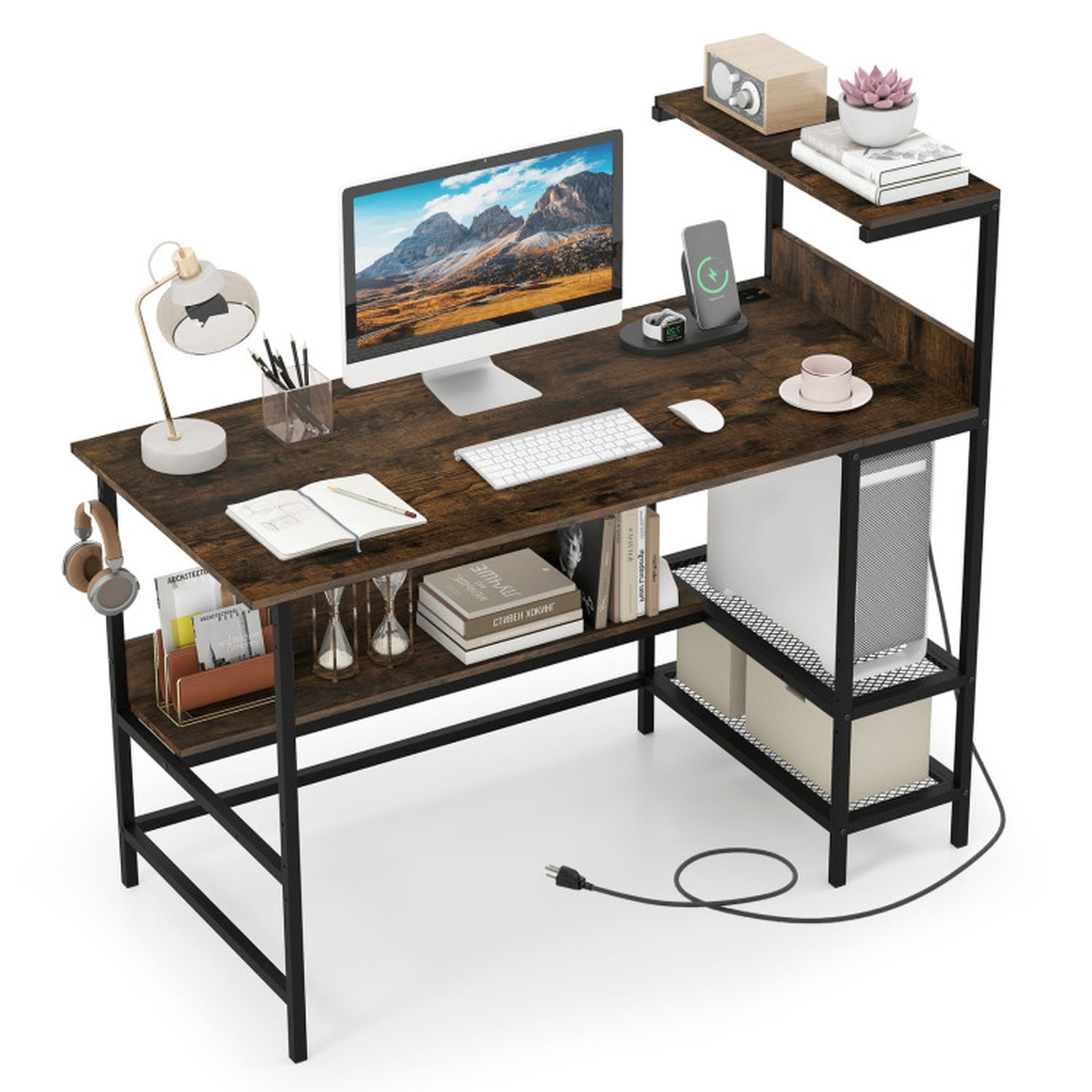 Furnibear 48 Inch Computer Desk Home Office Desk with Power Outlets and Storage Shelves for Study Workspace, Rustic Brown