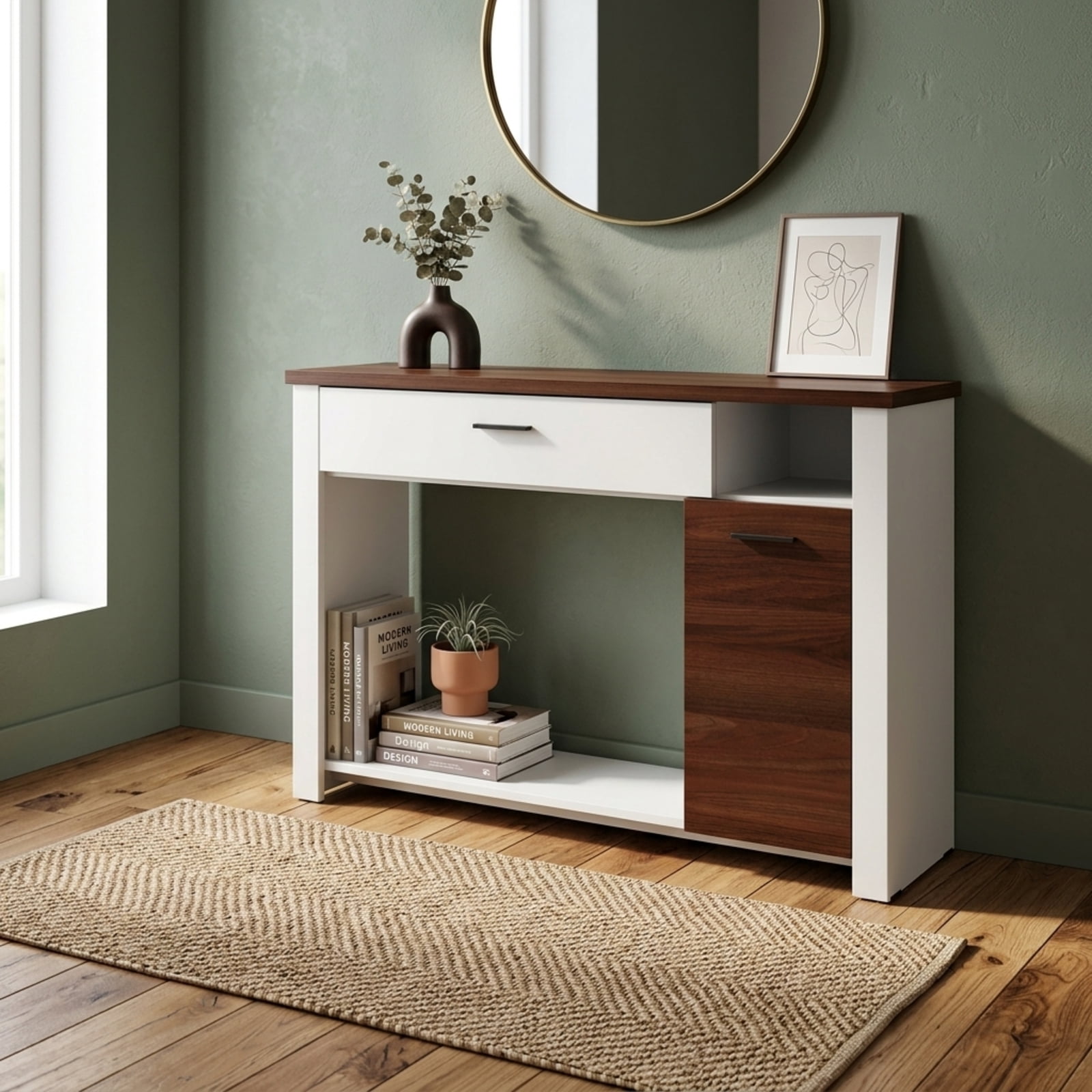 Furnibear 48 Inch Console Table with Drawer Cabinet and Storage Shelf Sofa Table for Entryway Living Room Hallway, White