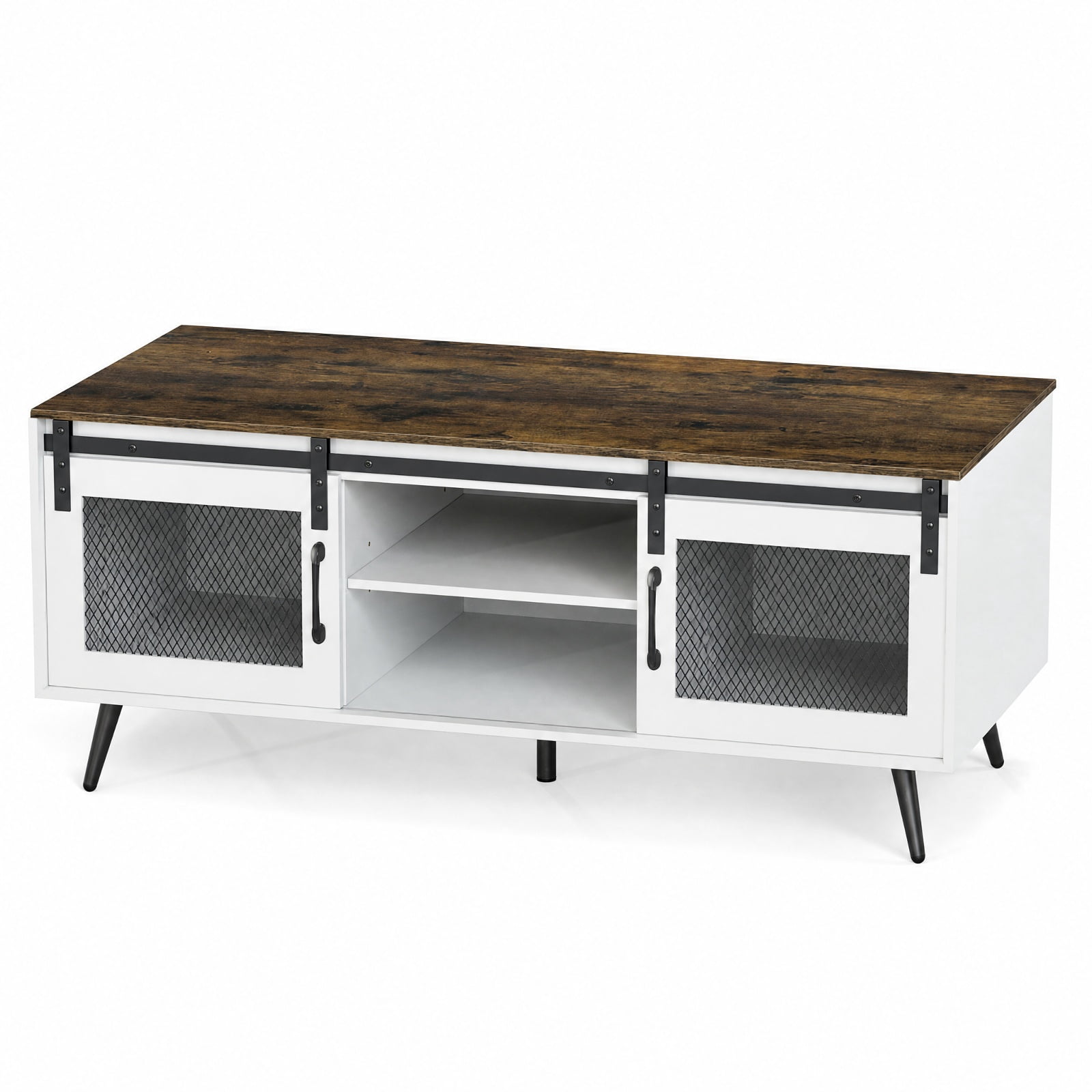 Furnibear 48 Inch Farmhouse Coffee Table with Sliding Mesh Doors Adjustable Shelf and Two Cabinets for Living Room, Rustic Brown
