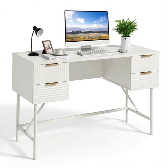 Furnibear 48 Inch Home Office Computer Desk with 4 Storage Drawers Powder-Coated Metal Frame Engineered Wood Top White